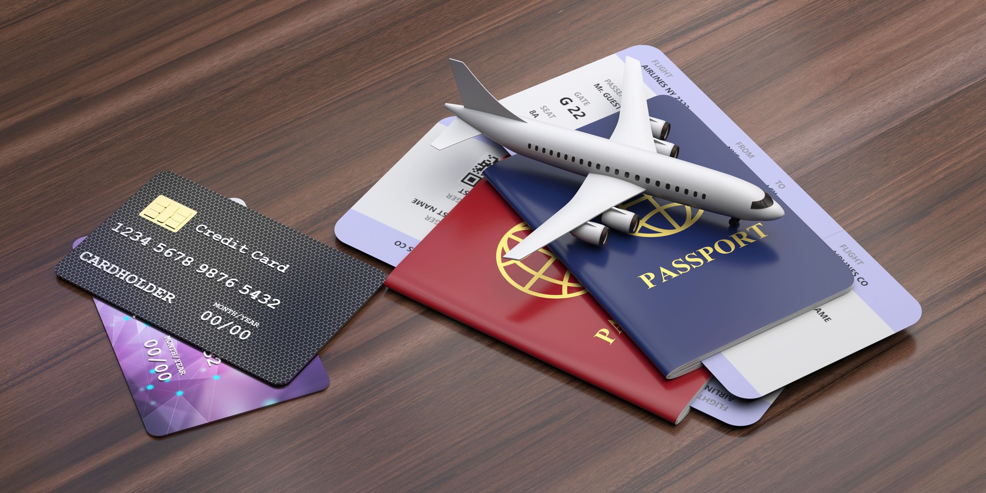 Credit cards and passports on wooden background. Electronic payment for vacation and travel concept. 3d illustration